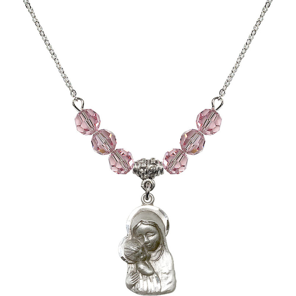 Sterling Silver Madonna & Child Birthstone Necklace with Light Rose Beads - 1612