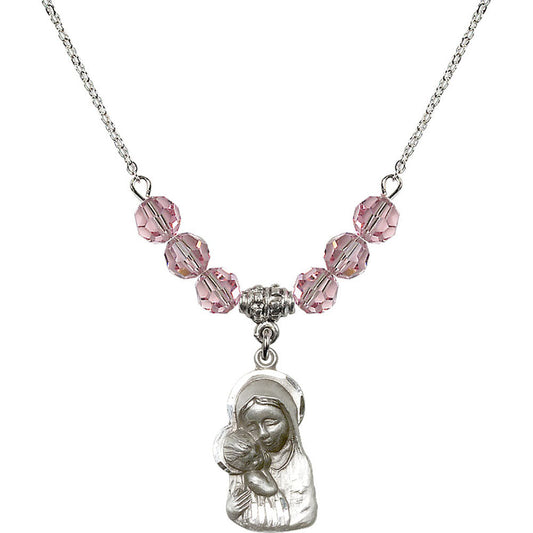 Sterling Silver Madonna & Child Birthstone Necklace with Light Rose Beads - 1612