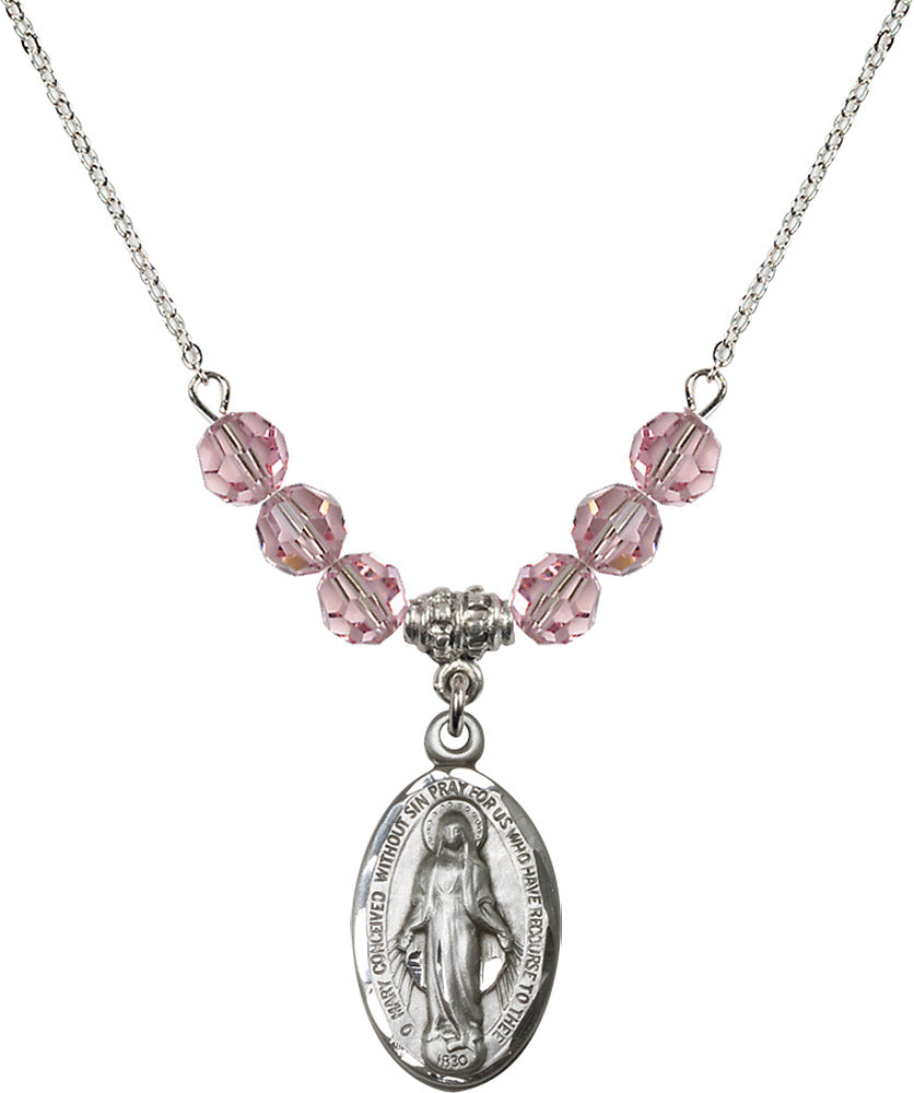 Sterling Silver Miraculous Birthstone Necklace with Light Rose Beads - 1615