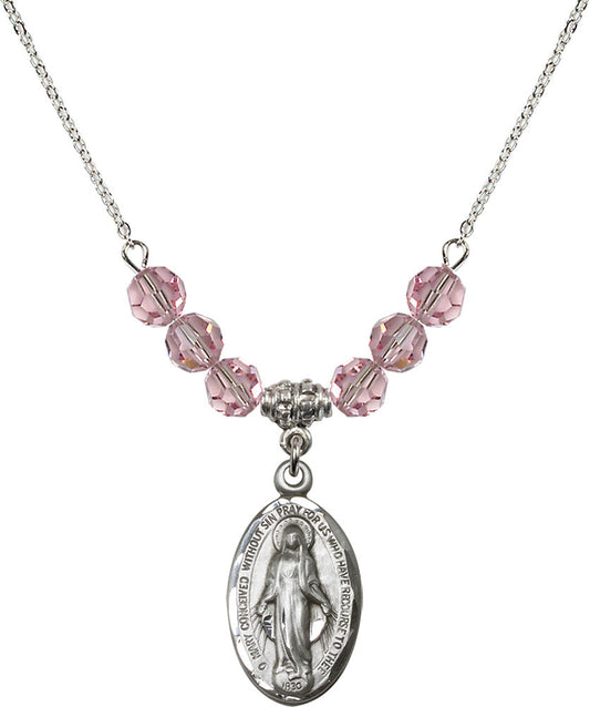 Sterling Silver Miraculous Birthstone Necklace with Light Rose Beads - 1615
