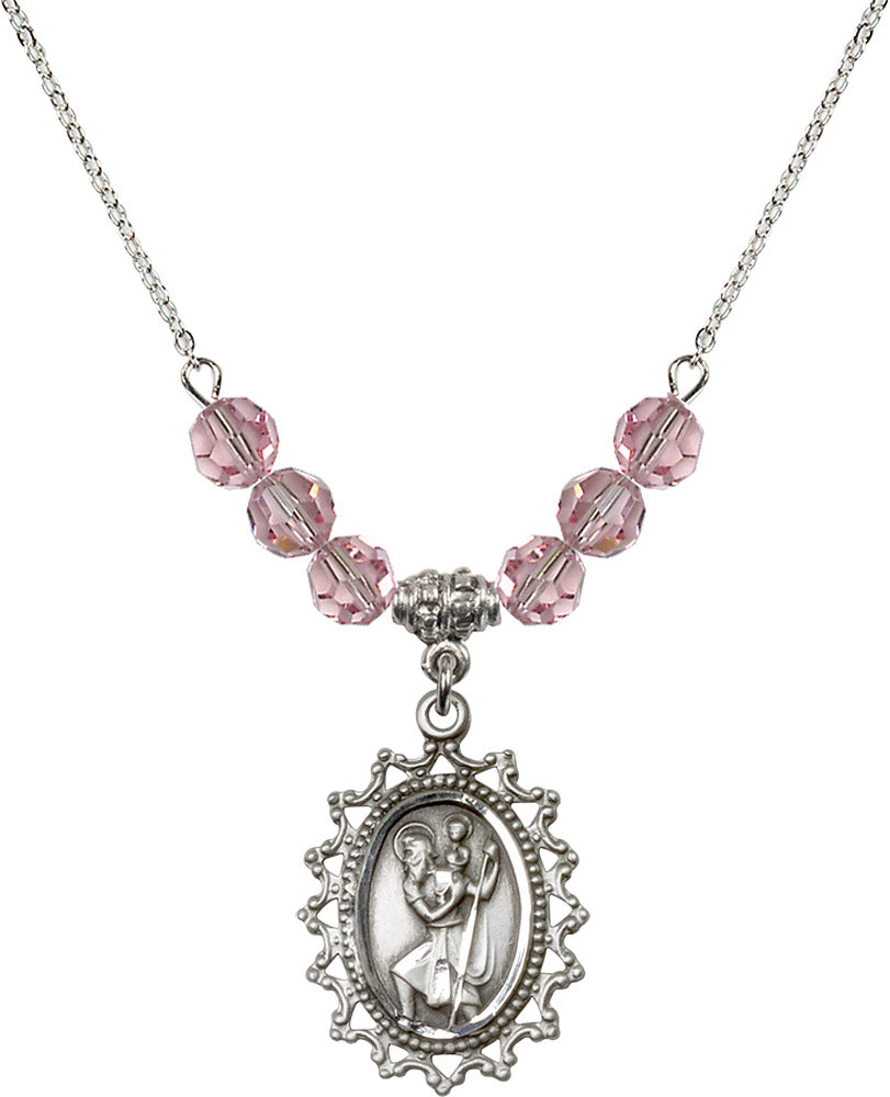 Sterling Silver Saint Christopher Birthstone Necklace with Light Rose Beads - 1619