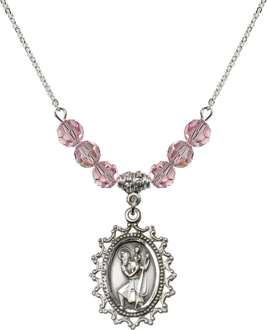 Sterling Silver Saint Christopher Birthstone Necklace with Light Rose Beads - 1619
