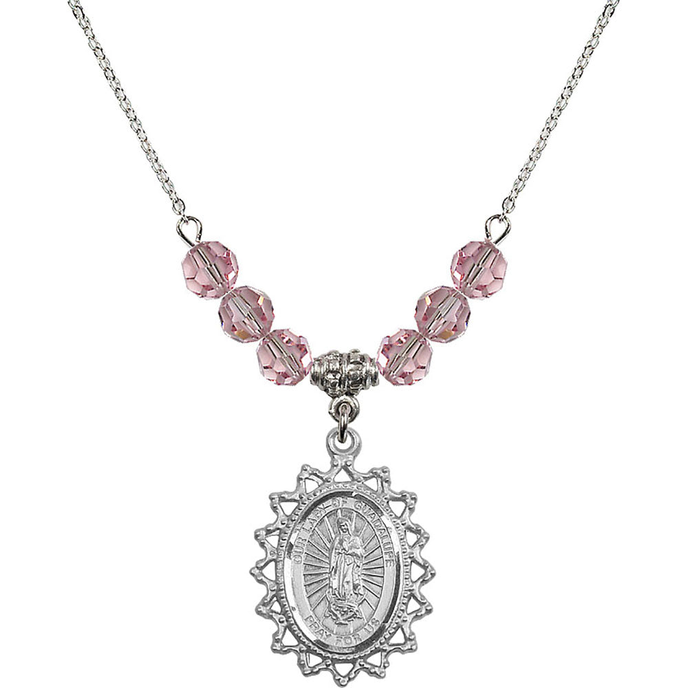 Sterling Silver Our Lady of Guadalupe Birthstone Necklace with Light Rose Beads - 1619