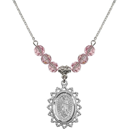Sterling Silver Our Lady of Guadalupe Birthstone Necklace with Light Rose Beads - 1619