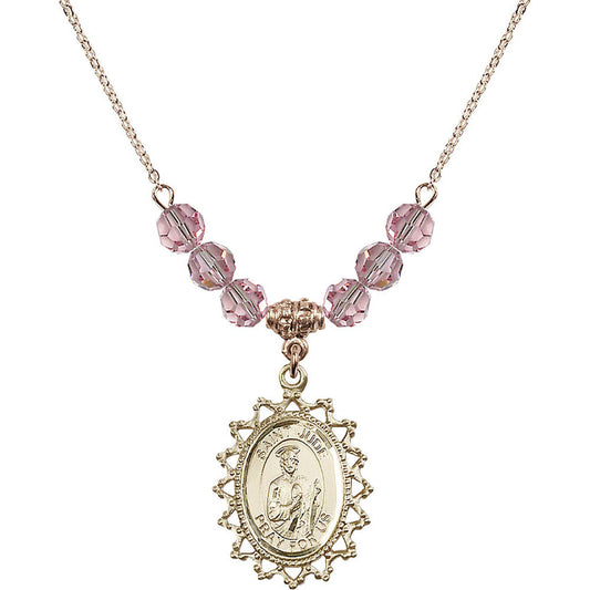 14kt Gold Filled Saint Jude Birthstone Necklace with Light Rose Beads - 1619