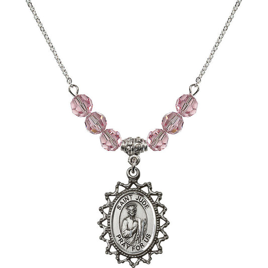 Sterling Silver Saint Jude Birthstone Necklace with Light Rose Beads - 1619