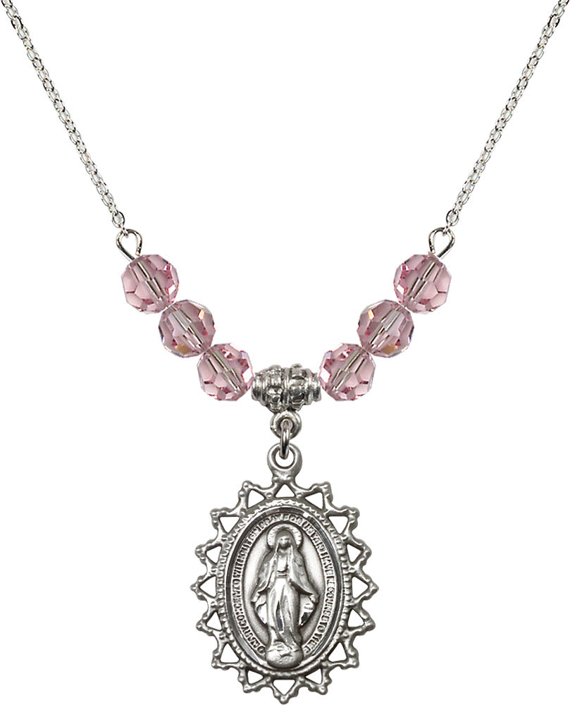 Sterling Silver Miraculous Birthstone Necklace with Light Rose Beads - 1619