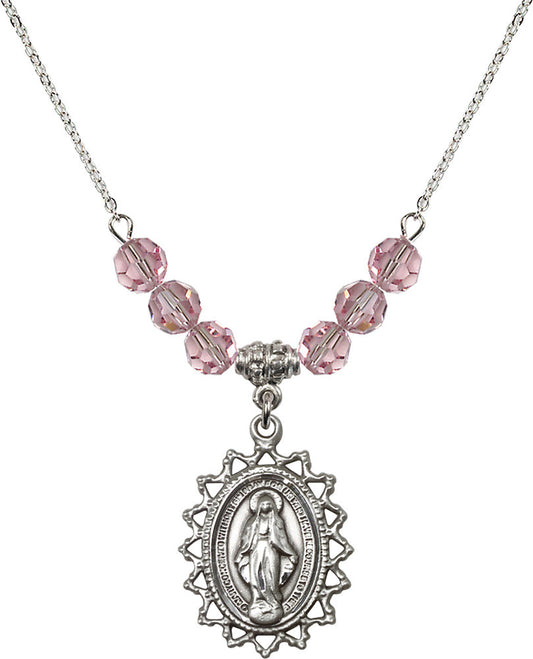 Sterling Silver Miraculous Birthstone Necklace with Light Rose Beads - 1619