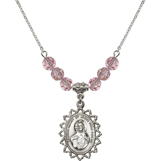 Sterling Silver Scapular Birthstone Necklace with Light Rose Beads - 1619