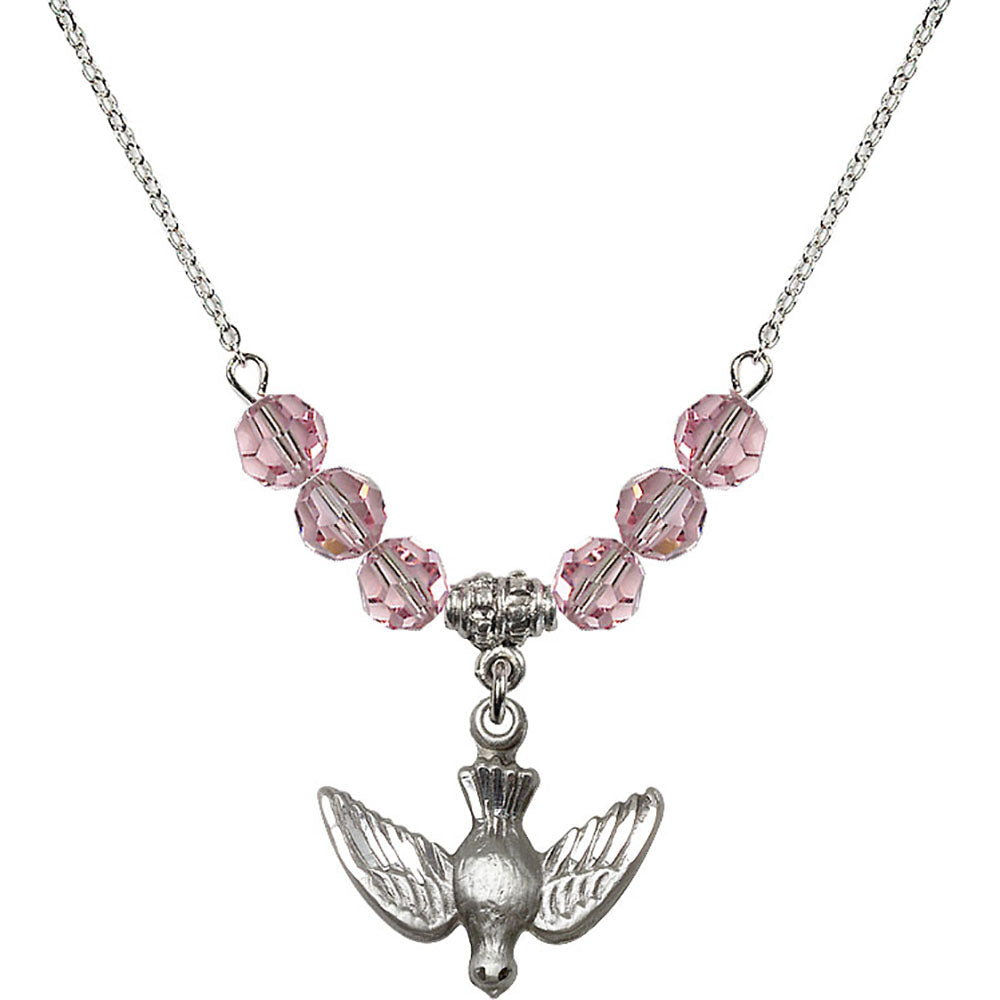 Sterling Silver Holy Spirit Birthstone Necklace with Light Rose Beads - 1628