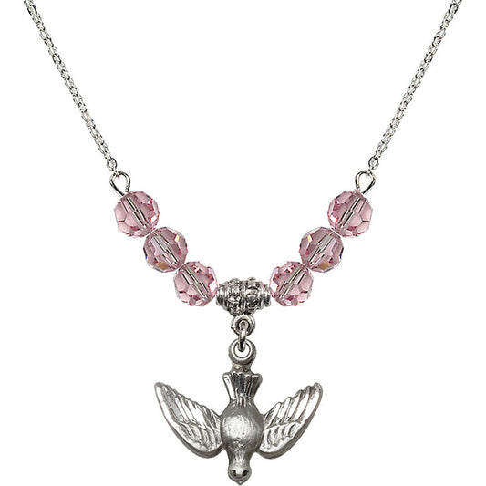 Sterling Silver Holy Spirit Birthstone Necklace with Light Rose Beads - 1628