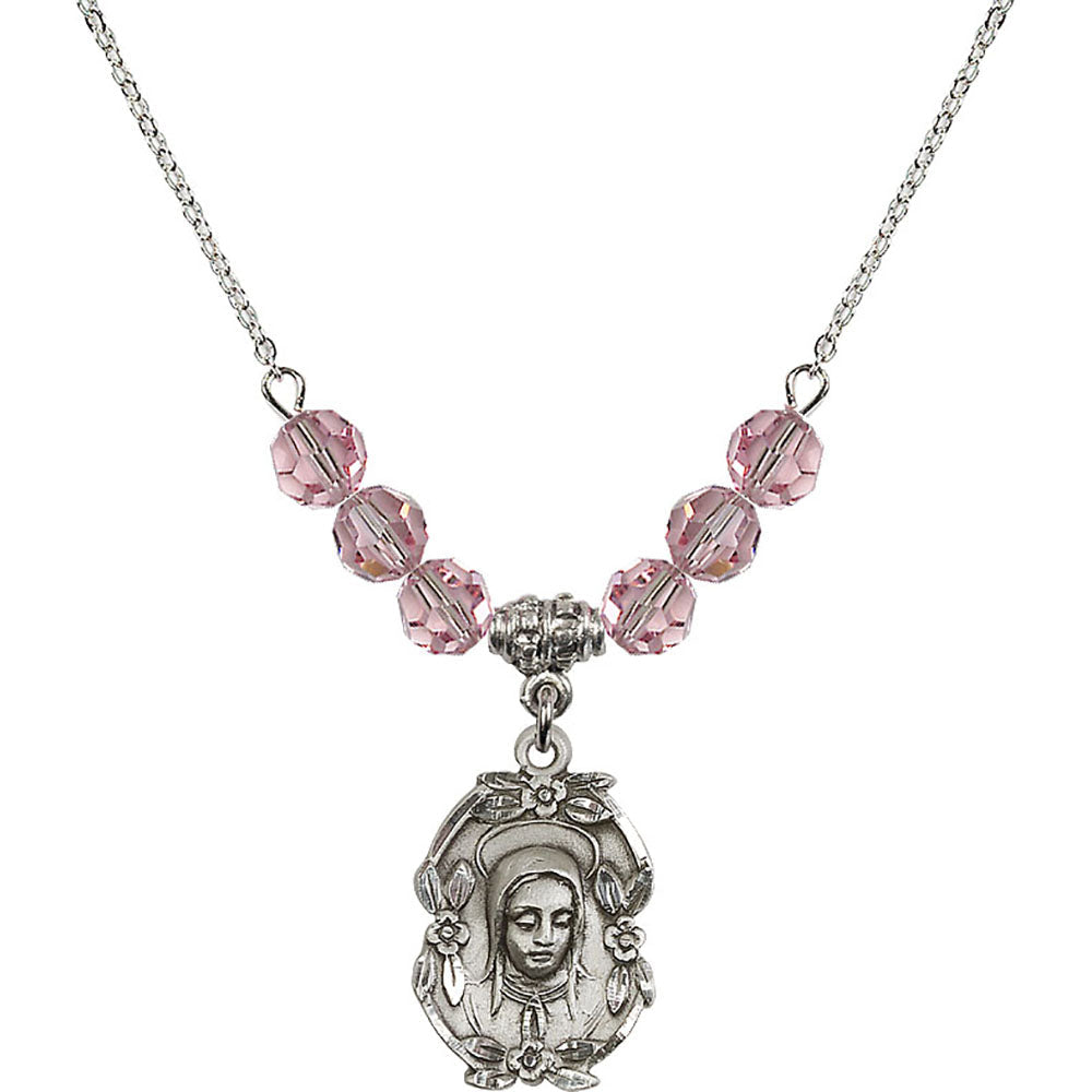 Sterling Silver Madonna Birthstone Necklace with Light Rose Beads - 1647