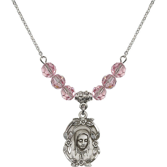 Sterling Silver Madonna Birthstone Necklace with Light Rose Beads - 1647