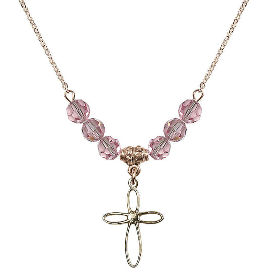 14kt Gold Filled Loop Cross Birthstone Necklace with Light Rose Beads - 1707