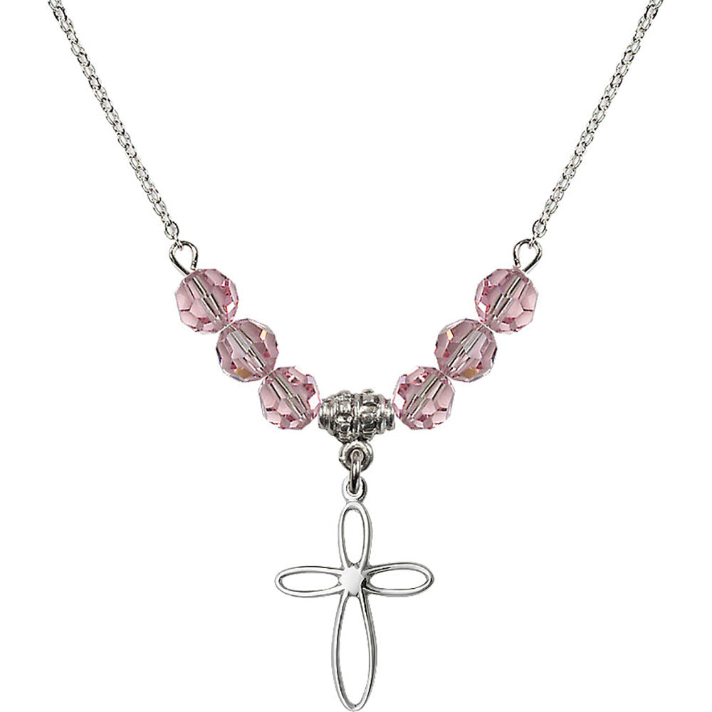 Sterling Silver Loop Cross Birthstone Necklace with Light Rose Beads - 1707
