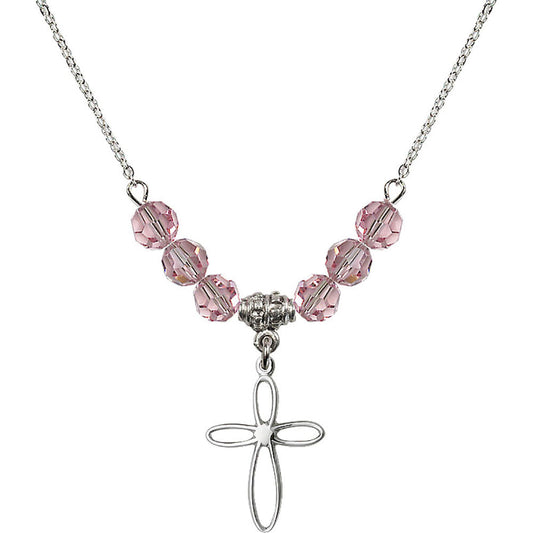 Sterling Silver Loop Cross Birthstone Necklace with Light Rose Beads - 1707