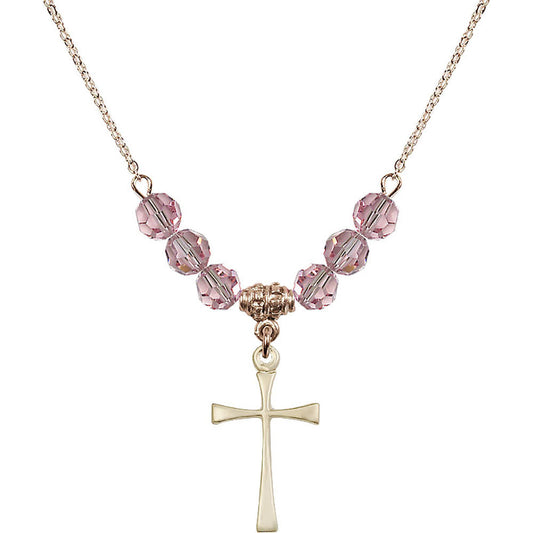 14kt Gold Filled Maltese Cross Birthstone Necklace with Light Rose Beads - 1870