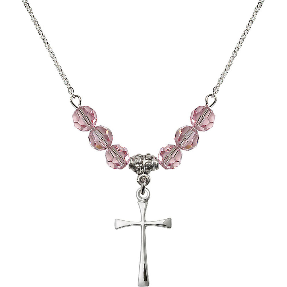 Sterling Silver Maltese Cross Birthstone Necklace with Light Rose Beads - 1870