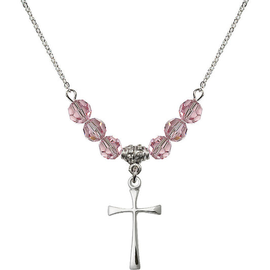Sterling Silver Maltese Cross Birthstone Necklace with Light Rose Beads - 1870