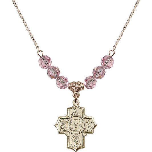 14kt Gold Filled Communion/5-Way Birthstone Necklace with Light Rose Beads - 2004