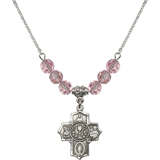 Sterling Silver Communion/5-Way Birthstone Necklace with Light Rose Beads - 2004