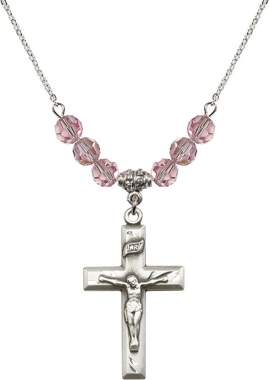 Sterling Silver Crucifix Birthstone Necklace with Light Rose Beads - 2186