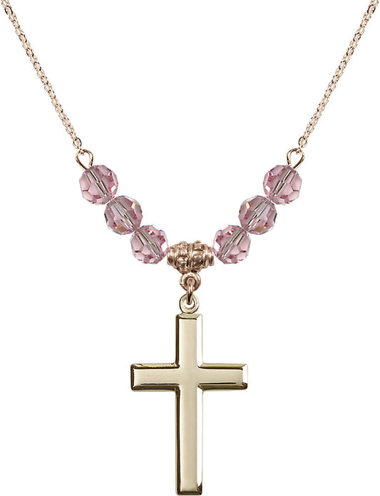 14kt Gold Filled Cross Birthstone Necklace with Light Rose Beads - 2190