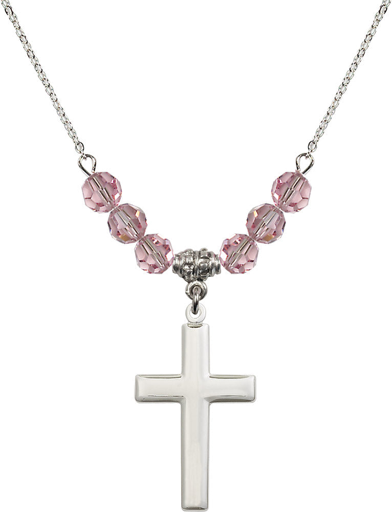 Sterling Silver Cross Birthstone Necklace with Light Rose Beads - 2190