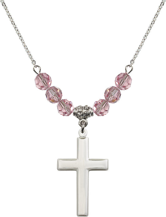 Sterling Silver Cross Birthstone Necklace with Light Rose Beads - 2190