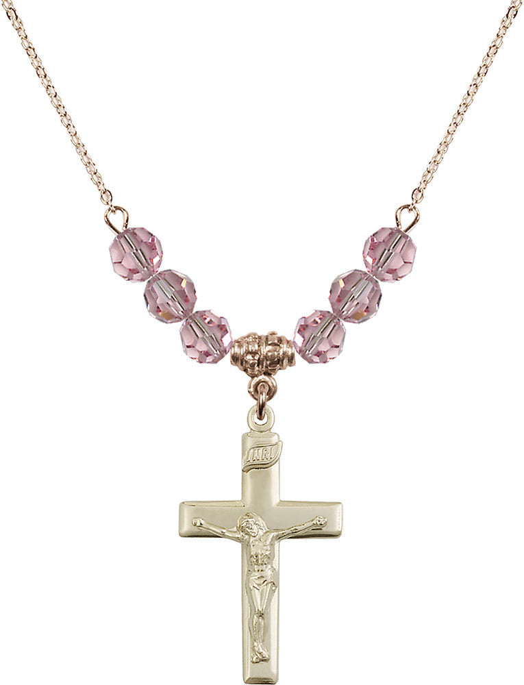 14kt Gold Filled Crucifix Birthstone Necklace with Light Rose Beads - 2191