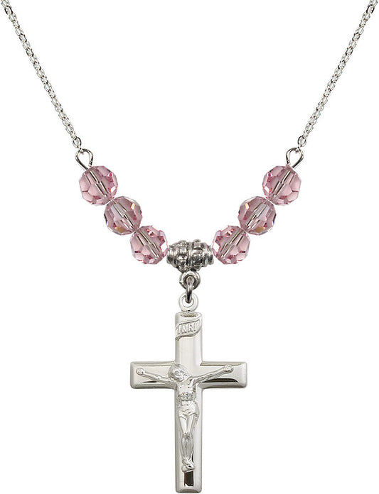 Sterling Silver Crucifix Birthstone Necklace with Light Rose Beads - 2191