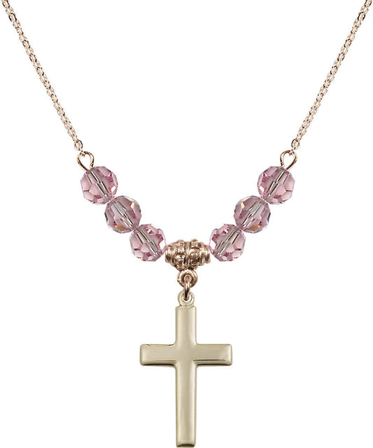 14kt Gold Filled Cross Birthstone Necklace with Light Rose Beads - 2195