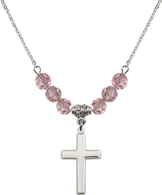 Sterling Silver Cross Birthstone Necklace with Light Rose Beads - 2195