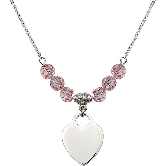 Sterling Silver Heart Birthstone Necklace with Light Rose Beads - 3200