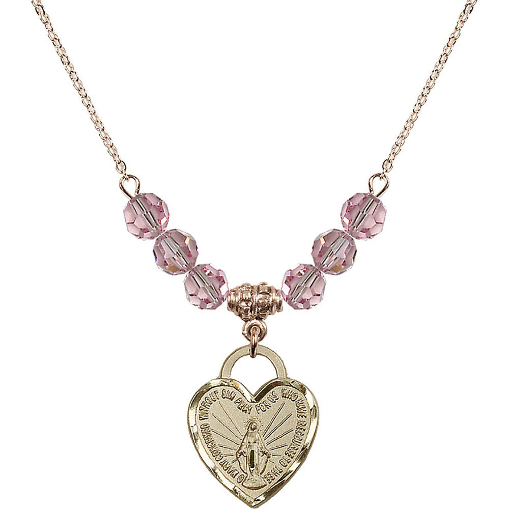 14kt Gold Filled Miraculous Heart Birthstone Necklace with Light Rose Beads - 3201