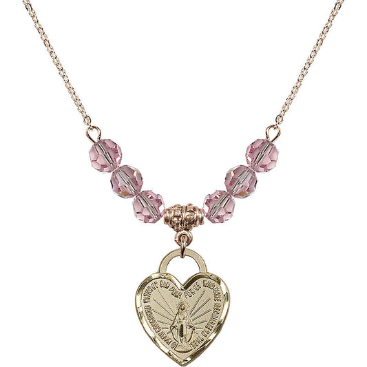 14kt Gold Filled Miraculous Heart Birthstone Necklace with Light Rose Beads - 3201