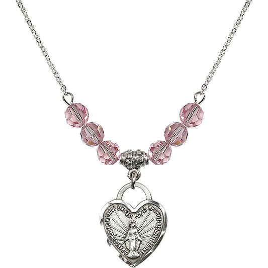 Sterling Silver Miraculous Heart Birthstone Necklace with Light Rose Beads - 3201