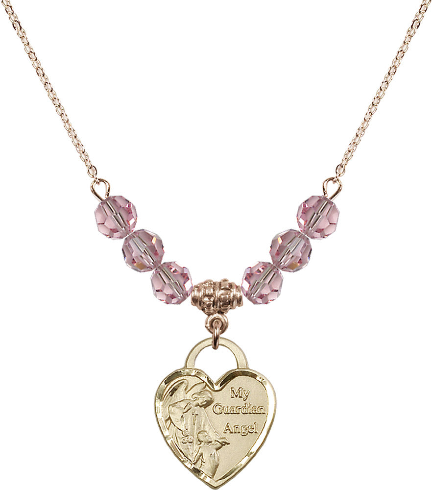 14kt Gold Filled Guardian Angel Heart Birthstone Necklace with Light Rose Beads - 3202