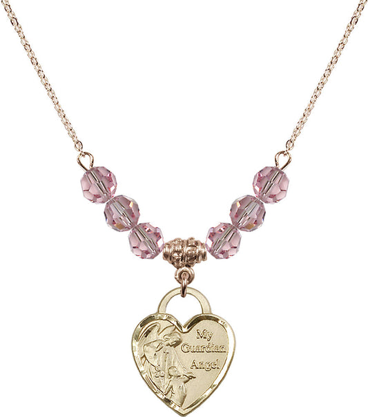 14kt Gold Filled Guardian Angel Heart Birthstone Necklace with Light Rose Beads - 3202