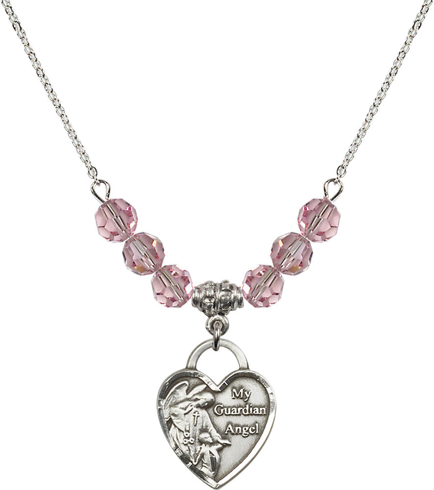 Sterling Silver Guardian Angel Heart Birthstone Necklace with Light Rose Beads - 3202