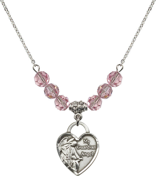 Sterling Silver Guardian Angel Heart Birthstone Necklace with Light Rose Beads - 3202