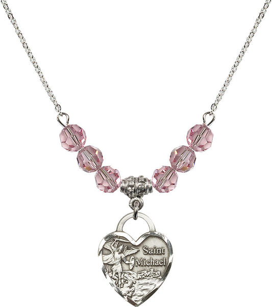 Sterling Silver Saint Michael the Archangel Birthstone Necklace with Light Rose Beads - 3203