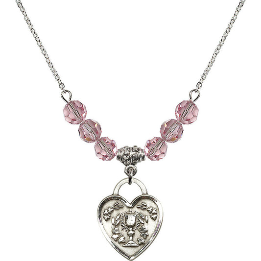 Sterling Silver Communion Heart Birthstone Necklace with Light Rose Beads - 3204