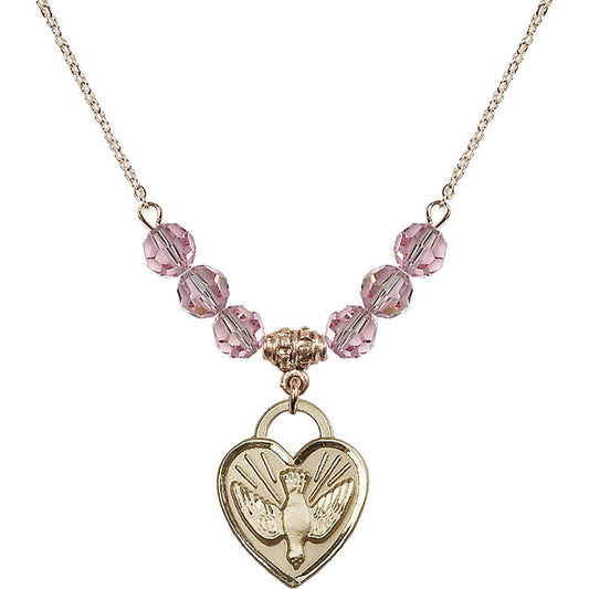 14kt Gold Filled Confirmation Heart Birthstone Necklace with Light Rose Beads - 3205