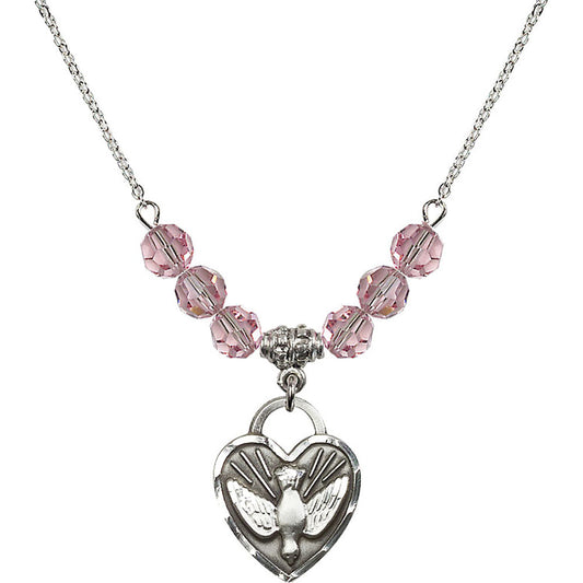 Sterling Silver Confirmation Heart Birthstone Necklace with Light Rose Beads - 3205