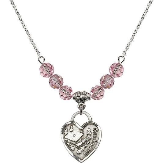 Sterling Silver Graduation Heart Birthstone Necklace with Light Rose Beads - 3206