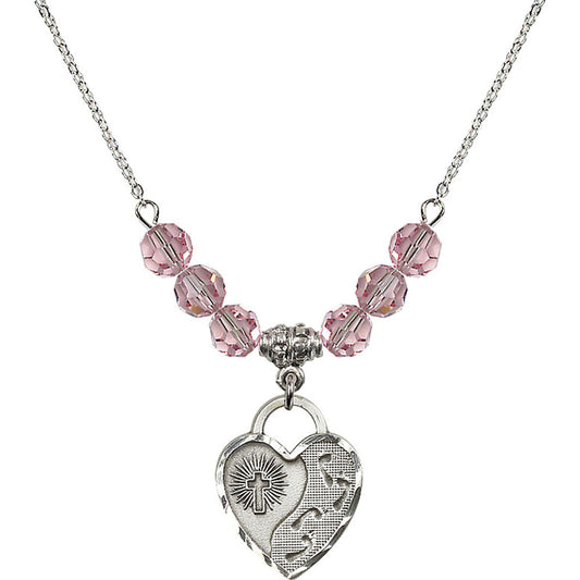 Sterling Silver Footprints Heart Birthstone Necklace with Light Rose Beads - 3207