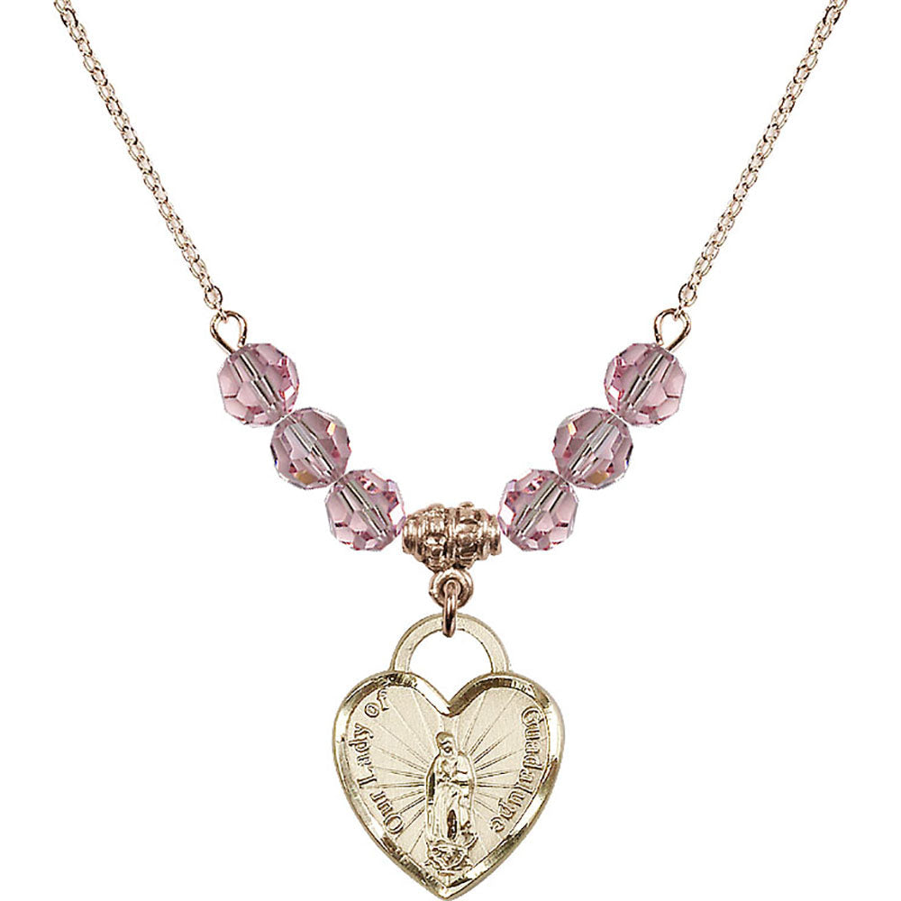 14kt Gold Filled Our Lady of Guadalupe Heart / Recuerdo Birthstone Necklace with Light Rose Beads - 3209