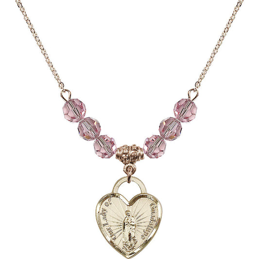 14kt Gold Filled Our Lady of Guadalupe Heart / Recuerdo Birthstone Necklace with Light Rose Beads - 3209