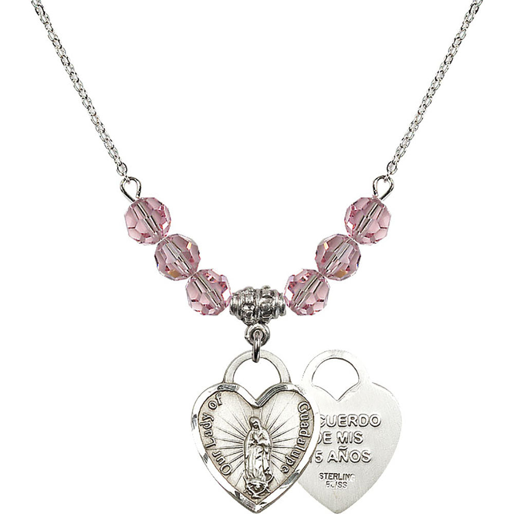 Sterling Silver Our Lady of Guadalupe Heart / Recuerdo Birthstone Necklace with Light Rose Beads - 3209